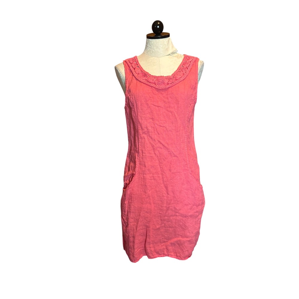 Lungo L'Arno Pink Linen Floral Pockets Sleeveless Pocket Shift Dress Italy M